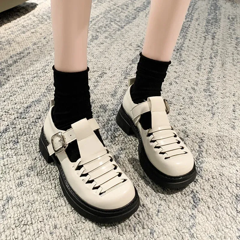 Advbridge Single Shoe Women Black Women Thick Heel 2024 Spring/summer New Item Single Shoe Hollow Weave Fashionable Leather Shoes Women
