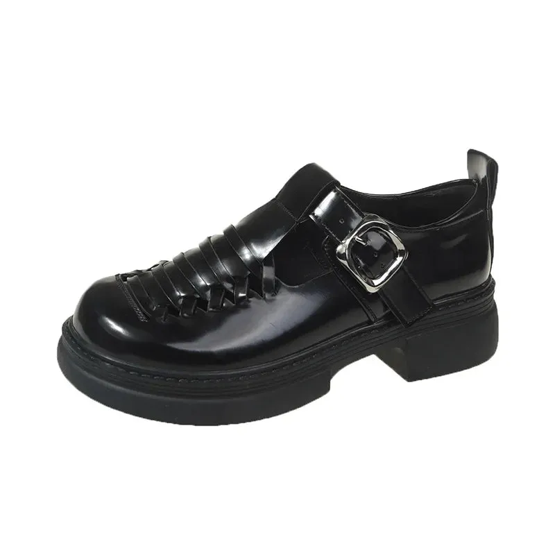 Advbridge Single Shoe Women Black Women Thick Heel 2024 Spring/summer New Item Single Shoe Hollow Weave Fashionable Leather Shoes Women