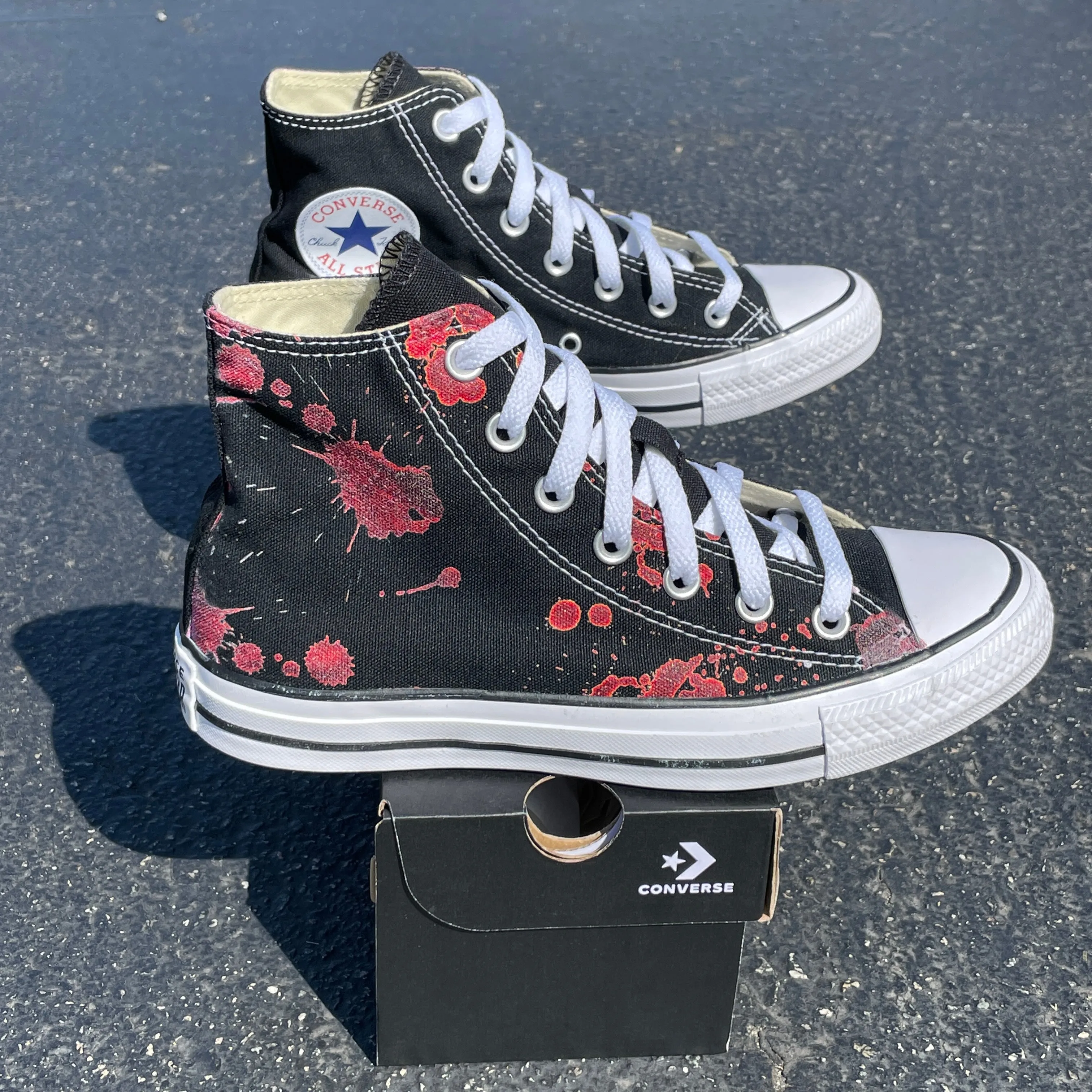 Blood Splatter Black High Tops - Custom Black High Top Sneakers - Custom Converse Shoes
