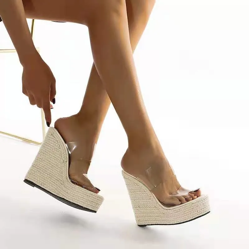 Clear Double Band Platform Wedge Heel Mules