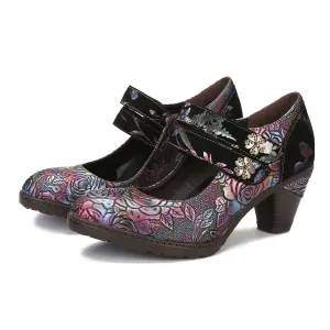 CrazycatZ Women's Leather Mary Jane Shoes Vintage Bohemian Colorful Shoes Floral Mary Jane Shoes Purple