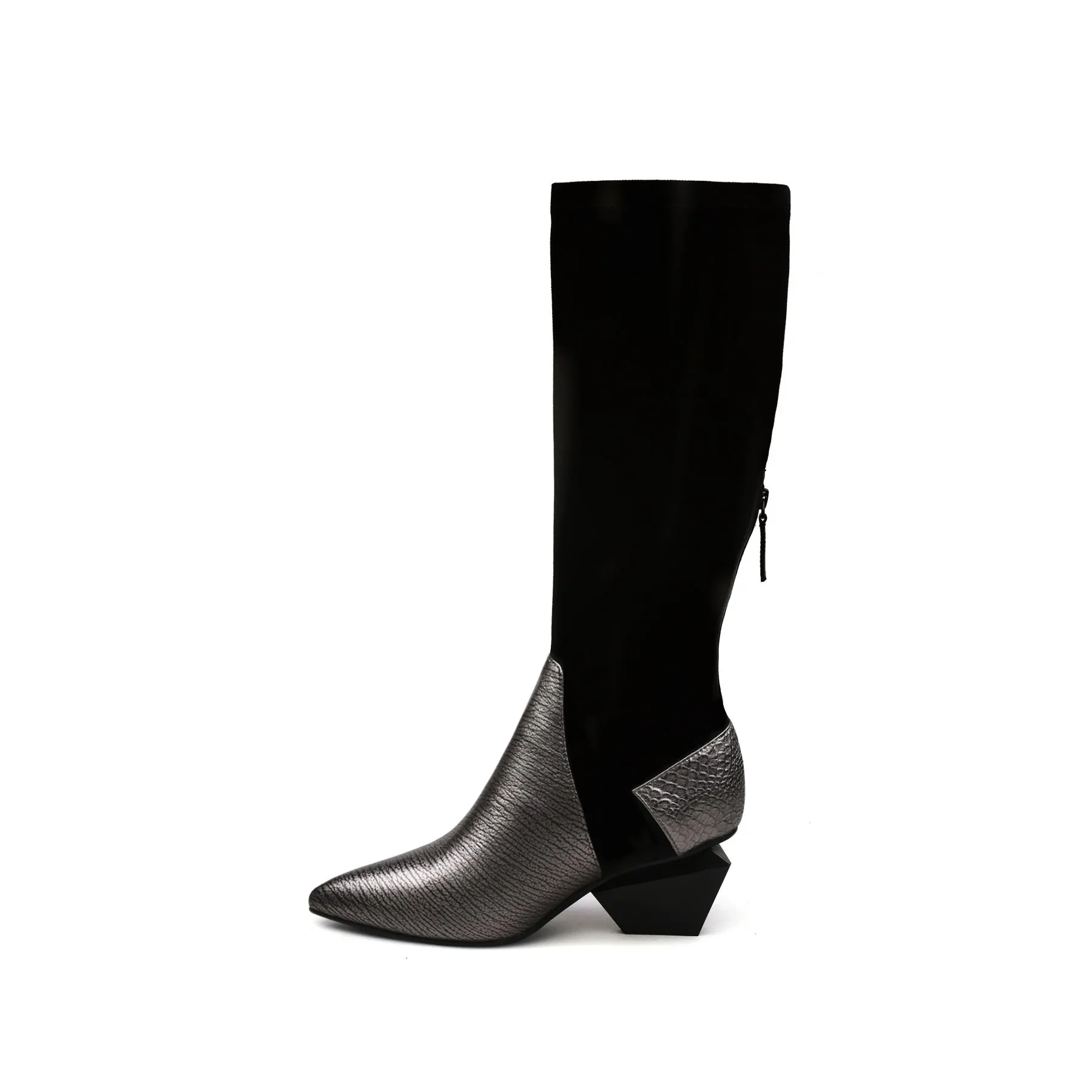 Leather Patchwork Slim Knee High Boots