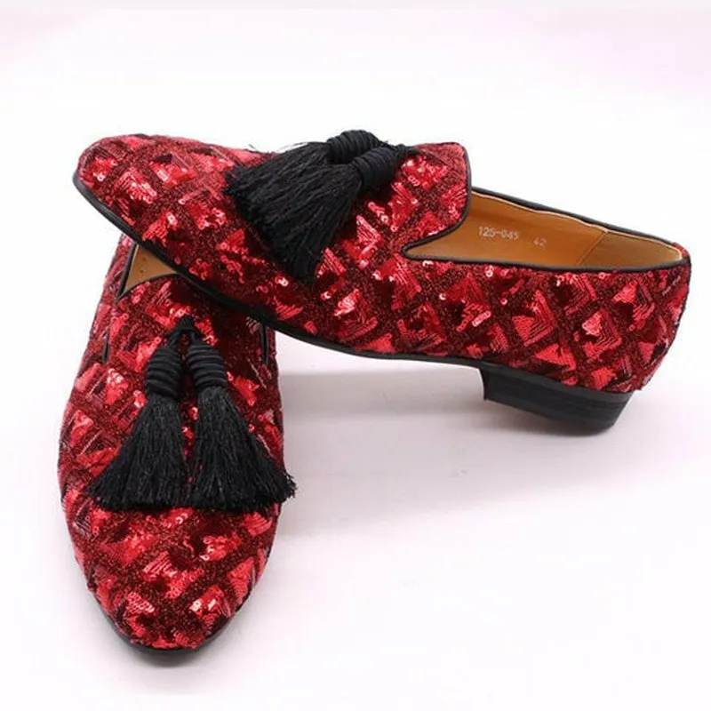 Sheepskin Lined Sequined Slip-On Dress Loafers with Black Tassels