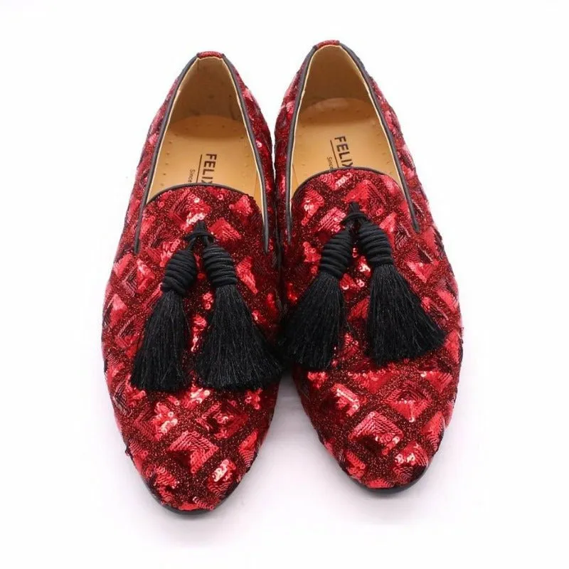 Sheepskin Lined Sequined Slip-On Dress Loafers with Black Tassels