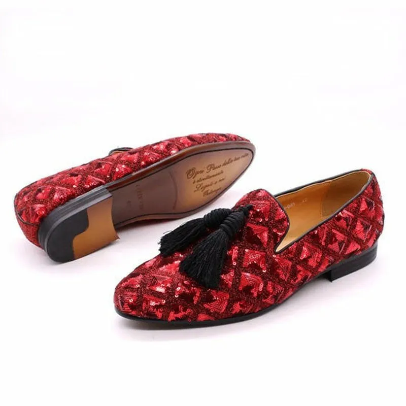 Sheepskin Lined Sequined Slip-On Dress Loafers with Black Tassels
