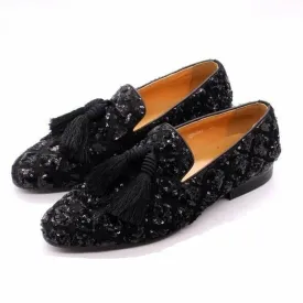 Sheepskin Lined Sequined Slip-On Dress Loafers with Black Tassels