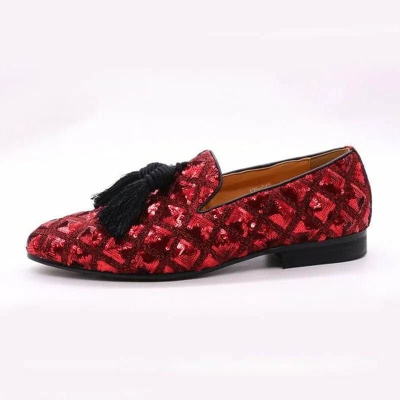 Sheepskin Lined Sequined Slip-On Dress Loafers with Black Tassels