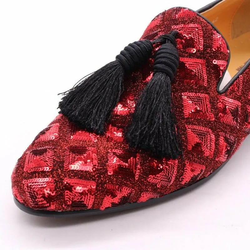 Sheepskin Lined Sequined Slip-On Dress Loafers with Black Tassels