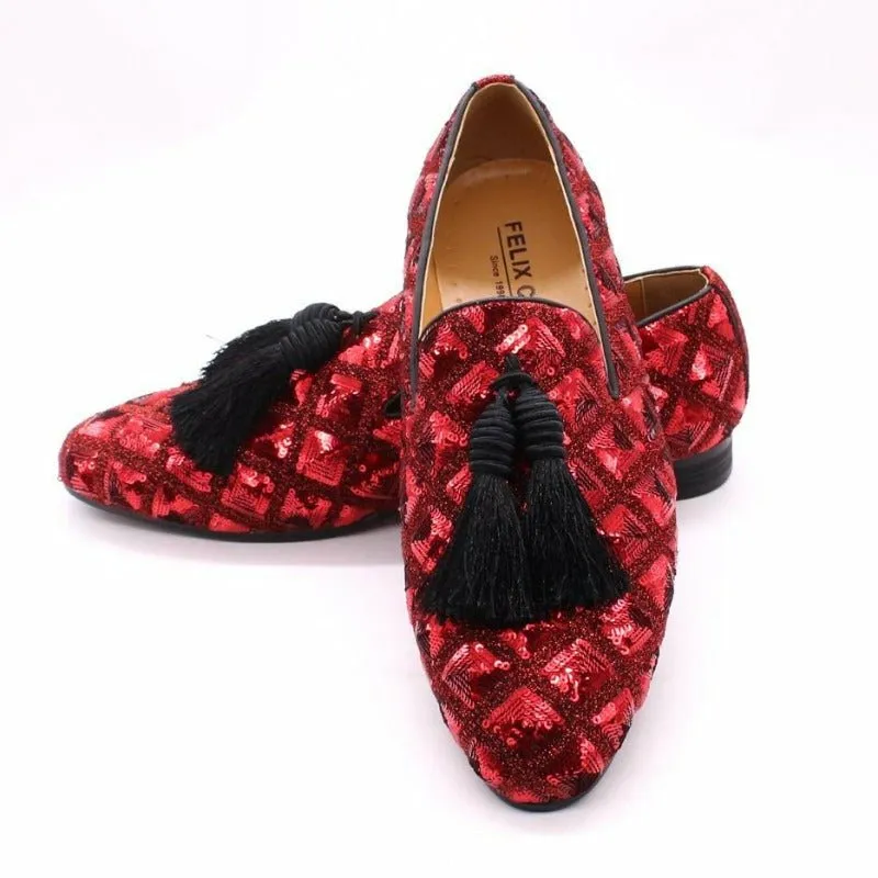 Sheepskin Lined Sequined Slip-On Dress Loafers with Black Tassels